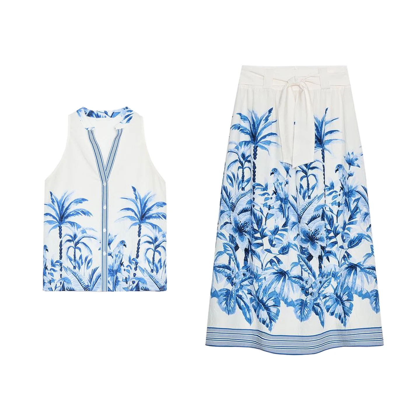 Conjunto de Saia Midi com Estampa Floral Tropical, Decote em V, Sem Mangas, Verão 2025, Conjunto de Moda, Calças Cridas, M...