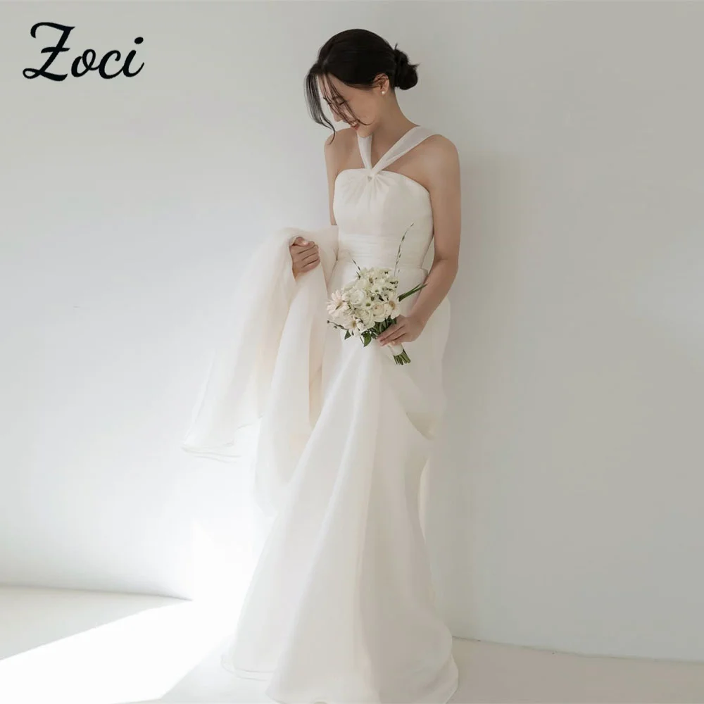 Zoci Simple Halter Korea Wedding Dresses Customized Mermaid Elastic Satin Bride Photos Shoot Dress Floor Length Bridal Gown