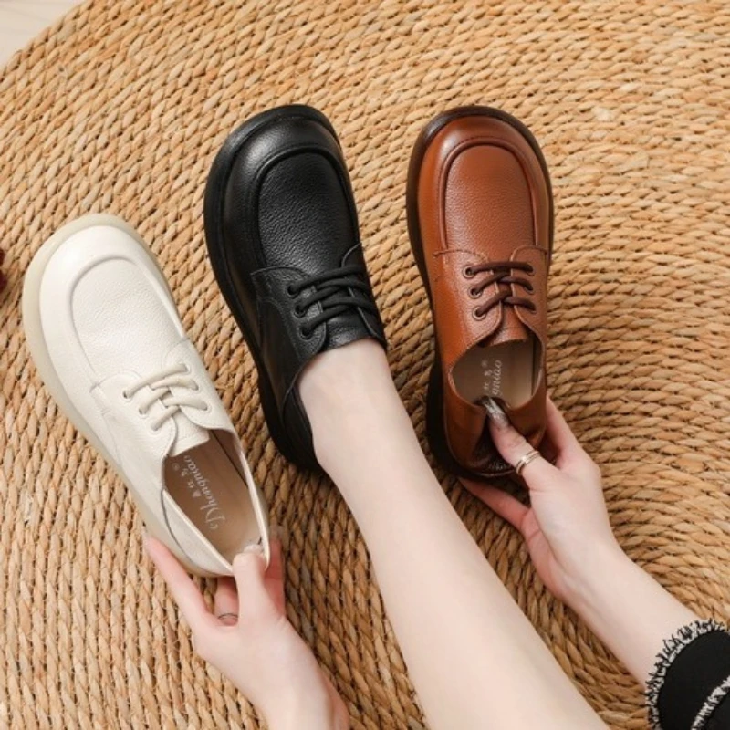 

Women's Black/Brown/White Pu Leather Lace-Up Platform Oxford Shoes for Daily Office Casual Q-125