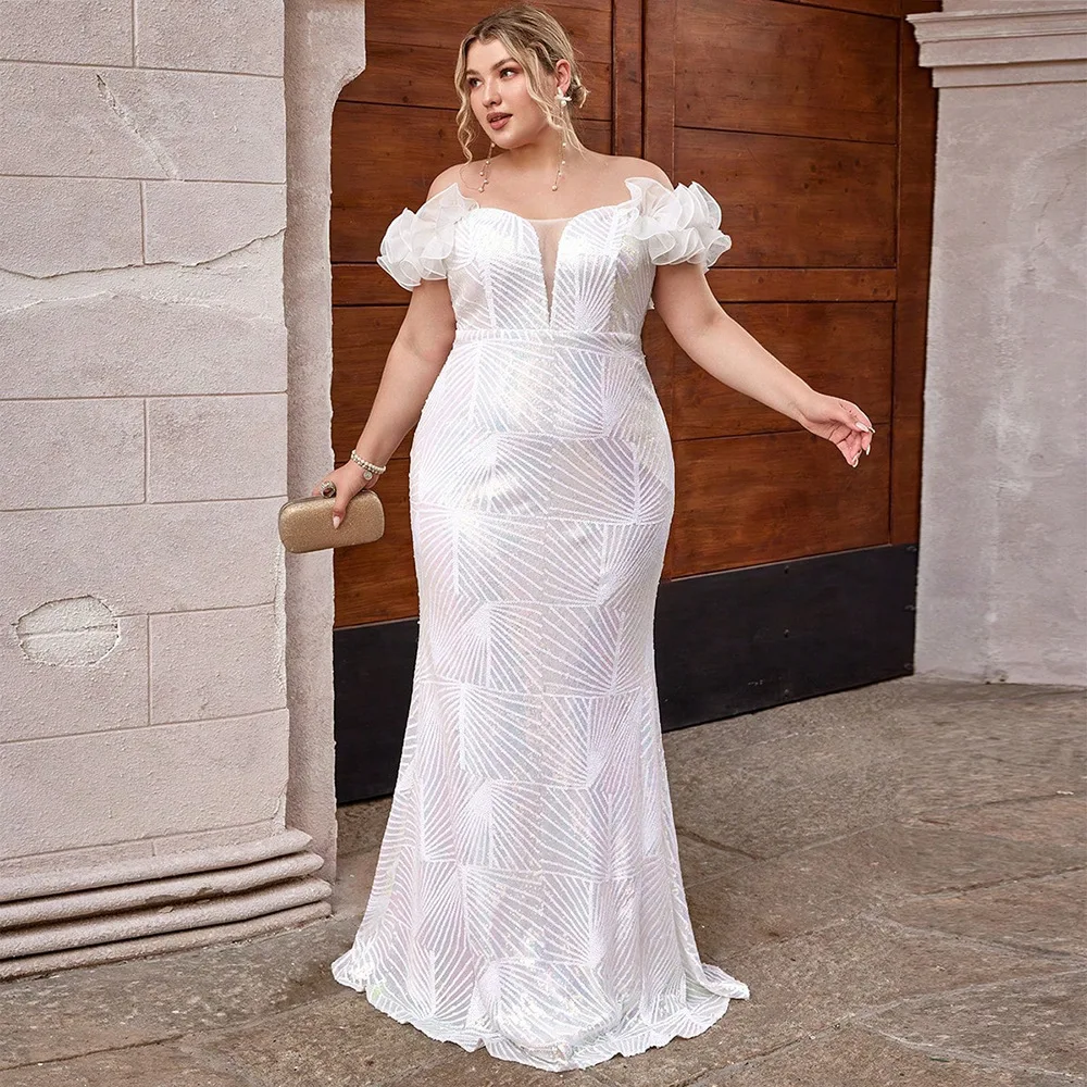 Plus Size Frauen Kleid Blase Ärmel Pailletten Spleißen Bankett Party kleid Mode Temperament einfarbig elegante Abendkleider