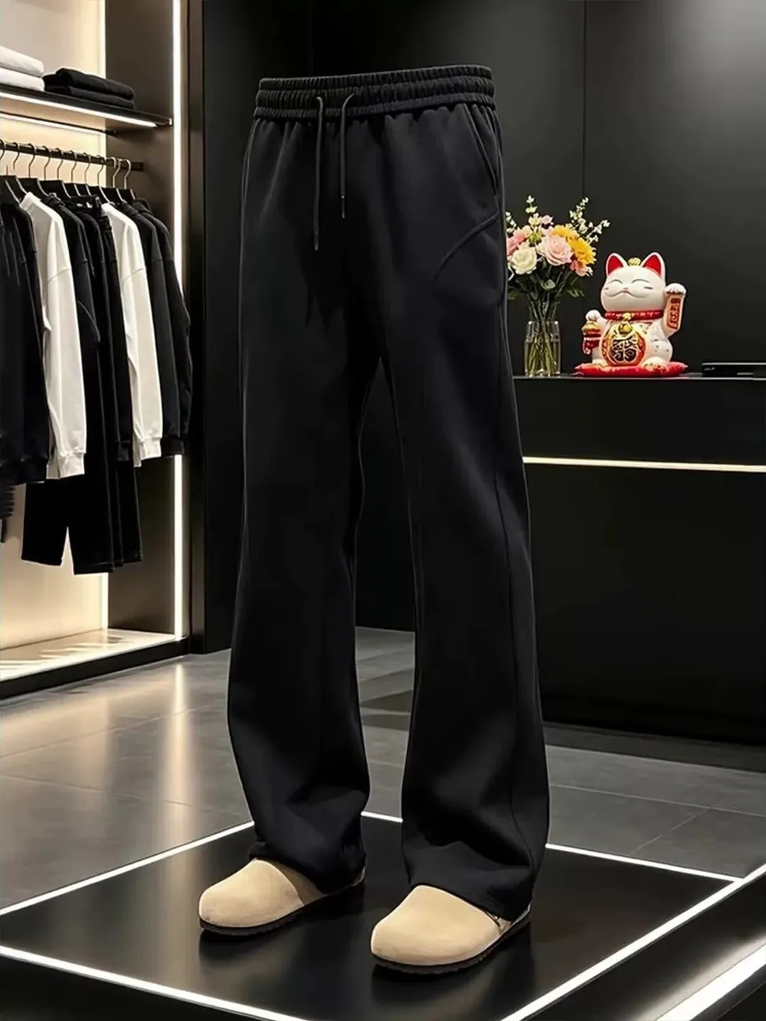 Korean Style Men's Straight Leg Sweatpants Autumn Oversize Casual Sports Pants Knife  Angle Cut Long Leg Visual Effect