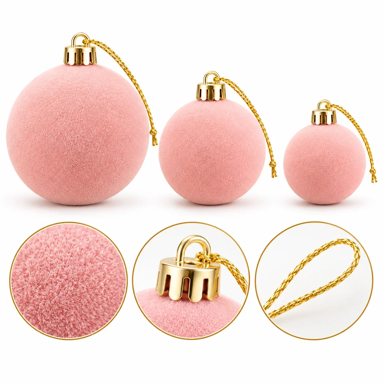 44 Pcs Light Pink Flocked Velvet Xmas Ball Ornaments 3 Sizes Gold Caps Shatterproof Tree Hanging Decor for Holiday Home Party