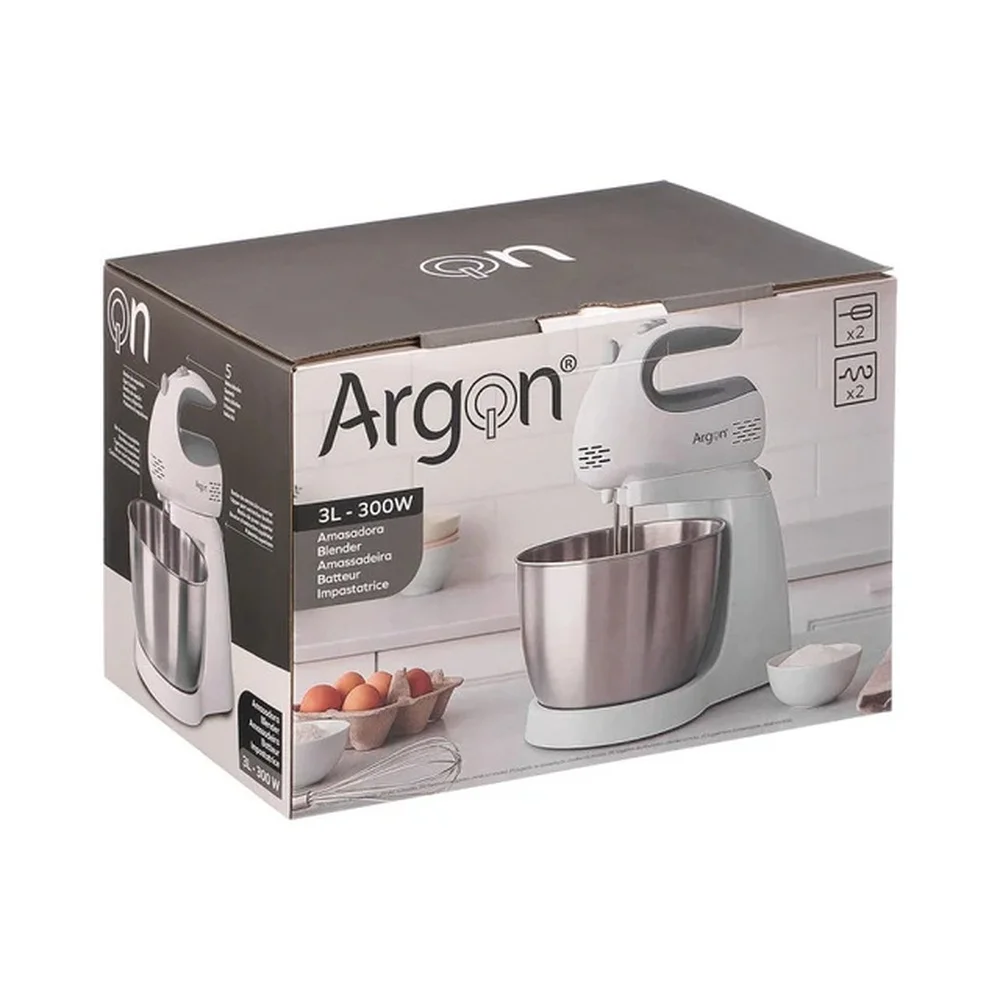 Amasadora ARGON 2EN 1 300W con Bol de Acero Inoxidable 3L, 5 Velocidades + Turbo, Incluye Varillas Batidoras y Amasadoras, Uso Manual o con Soporte