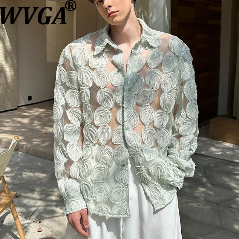 WVGA Spring Summer New Men Tide Green Leaf Design Trendy Long Sleeve Shirts Niche Chic Casual High-end Thin Mesh Tops Ins W17989