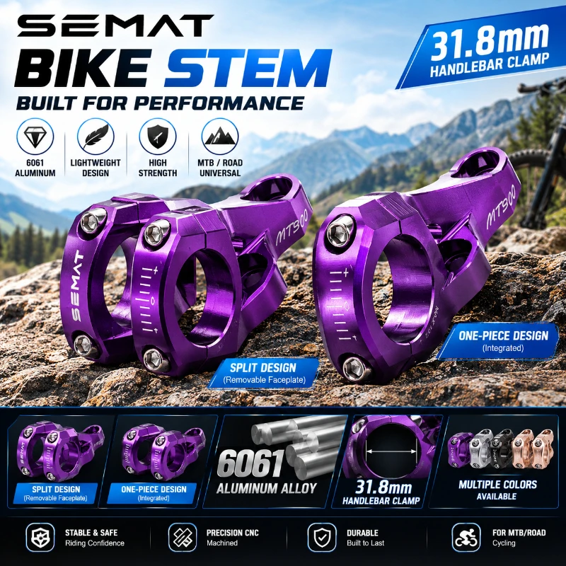 SEMAT 6061 Aluminum MTB Bike Stem 31.8mm CNC Handlebar Stem Integrated One Piece or Split Design Mountain Bicycle Parts