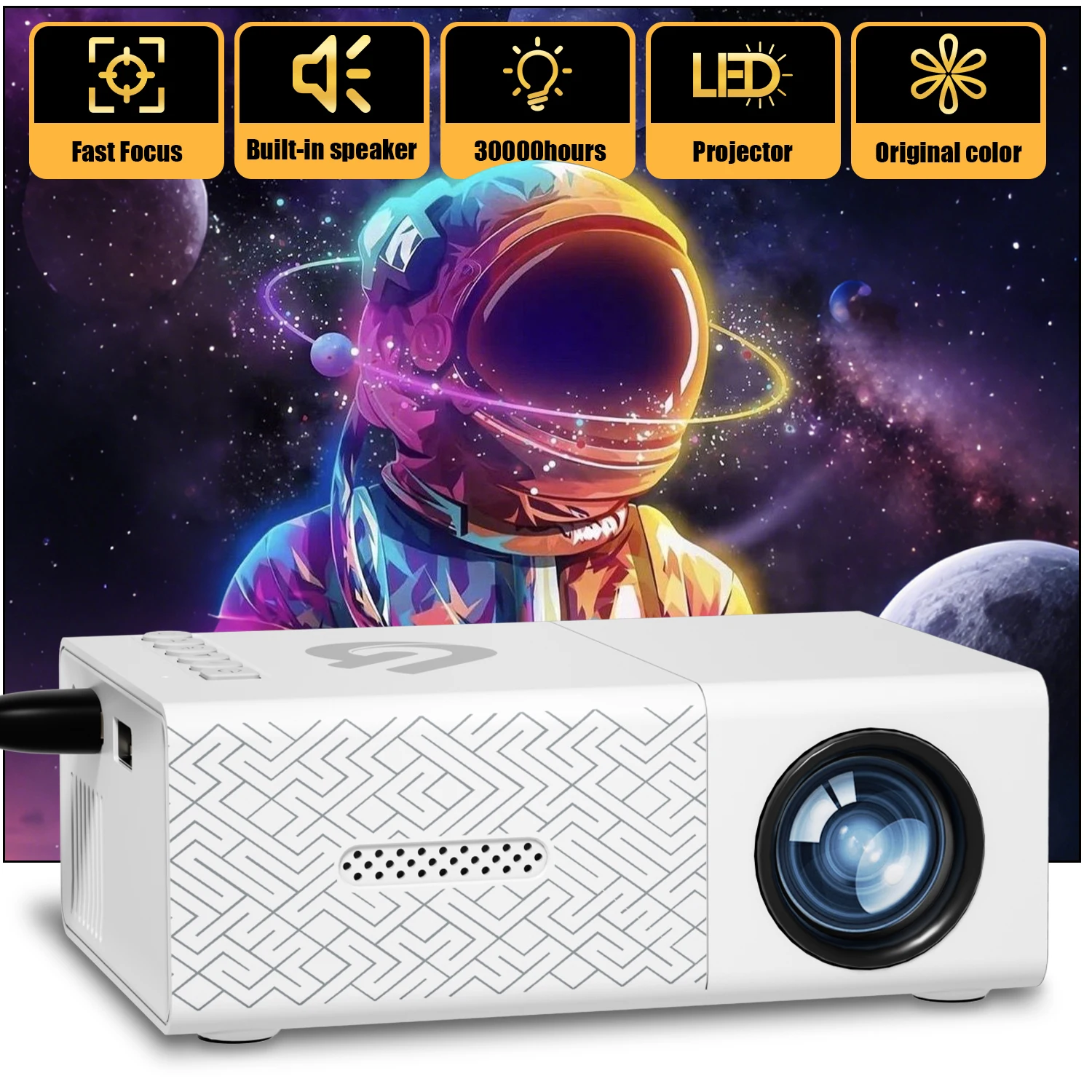 Mini projector, HD projector, portable projector, compatible with mobile phone/PC/USB/speaker, home theater projector