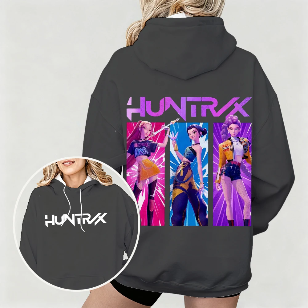 هوديي نسائي كبير الحجم جديد مع شخصيات الرسوم المتحركة KPop Demon Hunters مطبوعة بتصميم فني مزدوج الجانب للارتداء اليومي غير الرسمي
