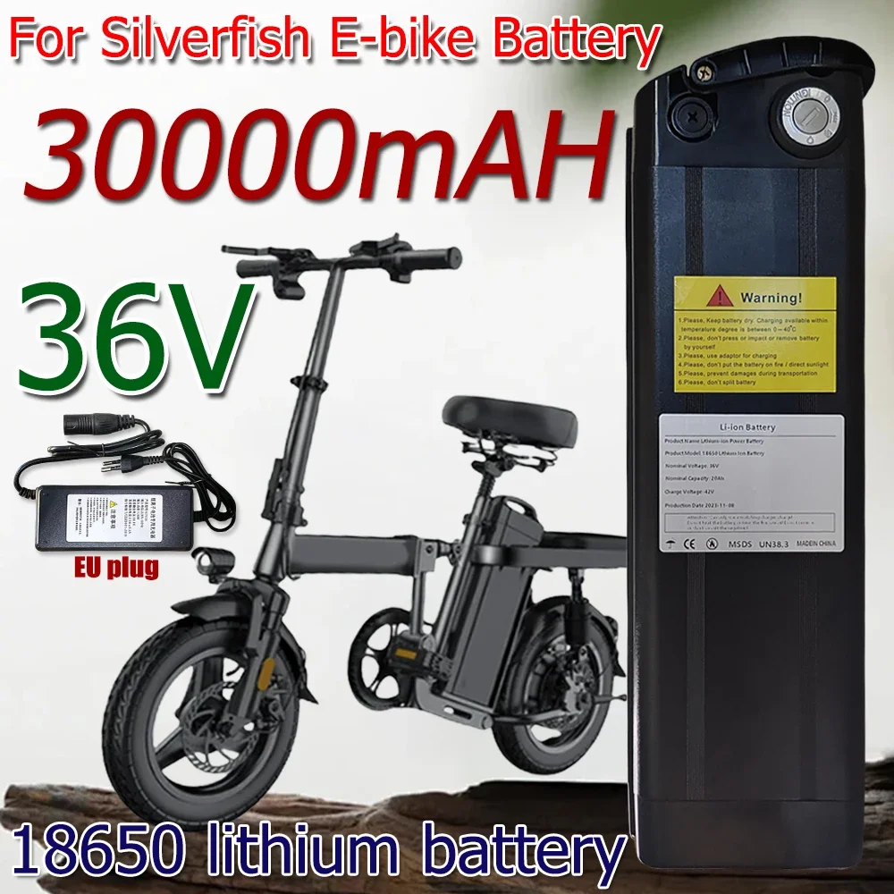 Battery 36V 30Ah for Silver Fish 18650 Li-ion Battery with Aluminum Case Anti-theft Lock+Charger