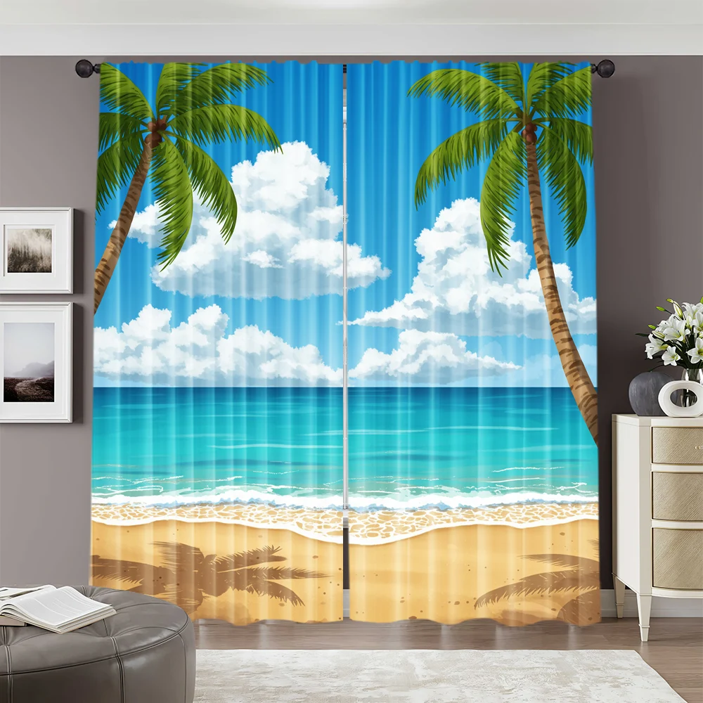 2pcs, spring summer Curtains Hawaii Beach Ocean Art Digital Print Drapes Fabric Home Decor Perfect for Bedroom, Living Room,