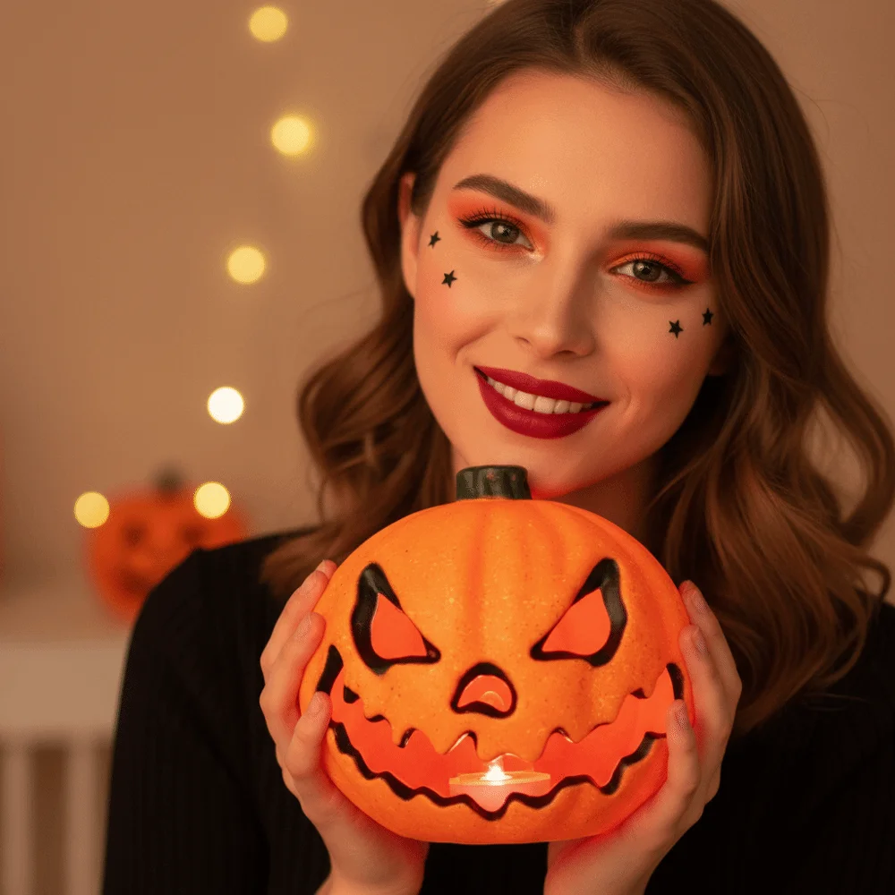 Battery Powered Pumpkin Lantern Warm Glowing Eco Friendly Halloween Lamp Lightweight Resin Made LED Pumpkin Store Display