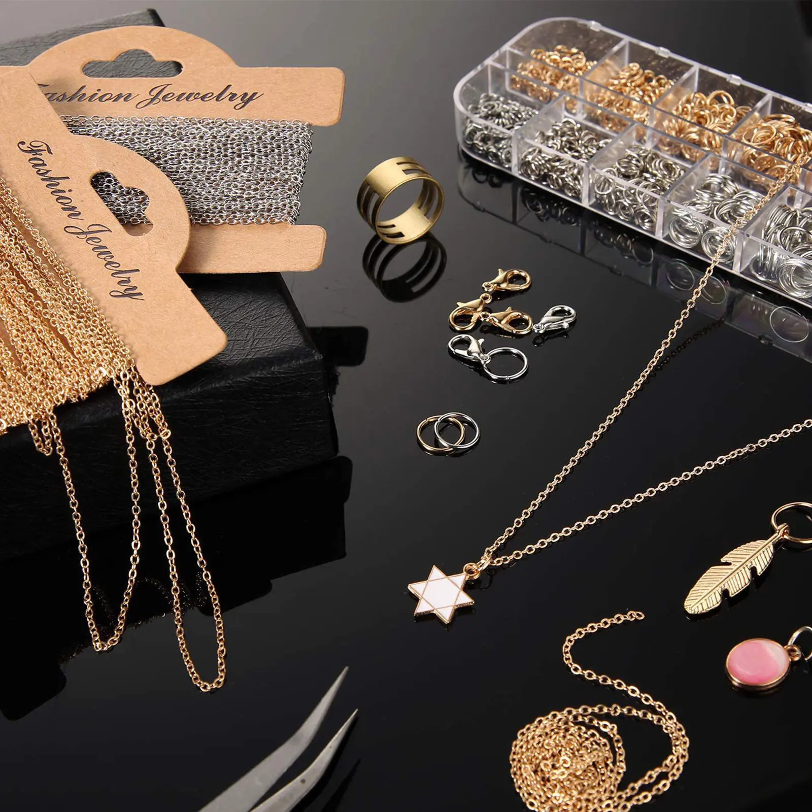 

1Set Premium Craft Making Chains Set with Metal Lobster Clasps Open Rings Finger Ring for DIY Jewelry Accessories Repair