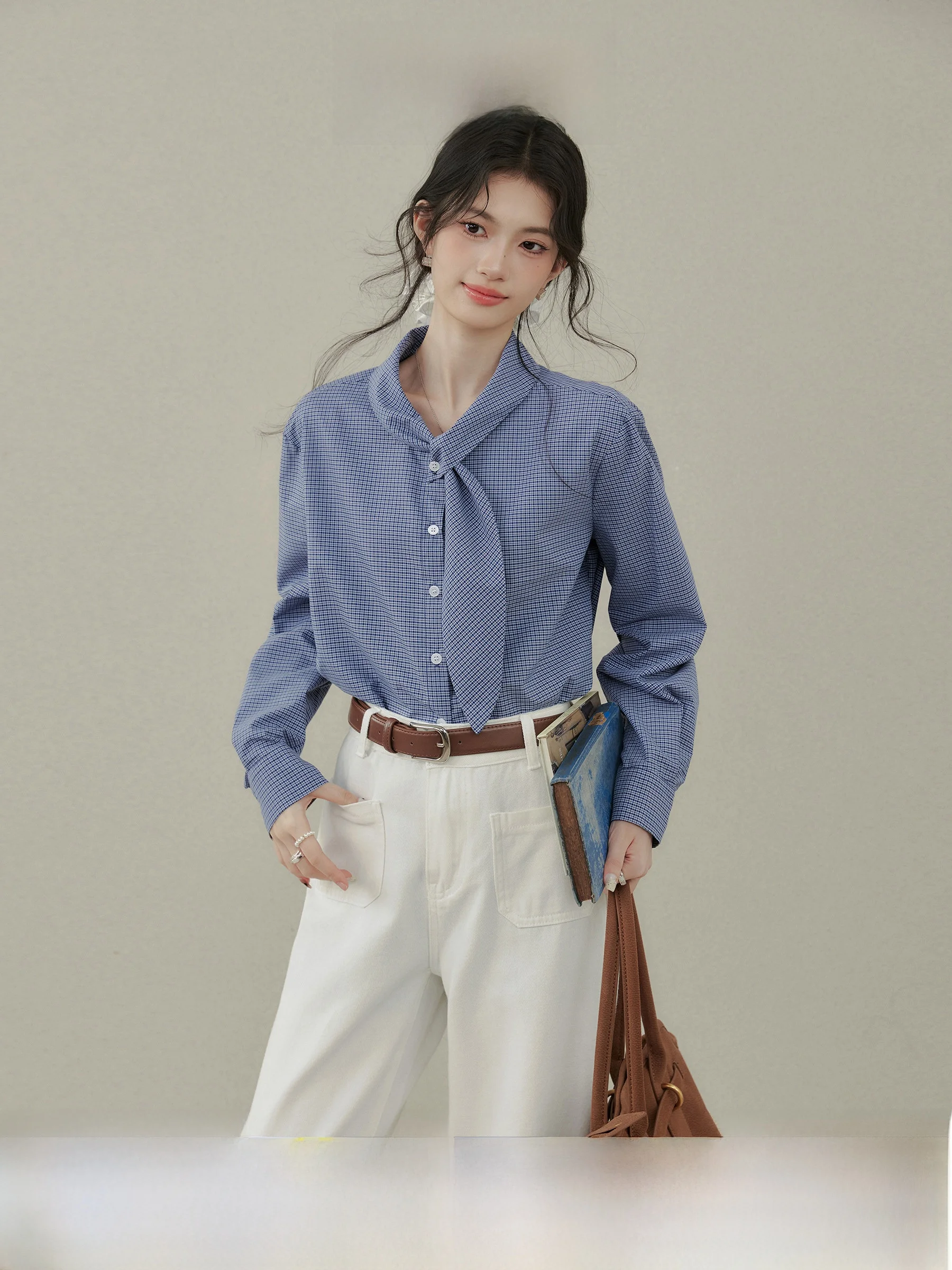 

Blue Plaid Long Sve irt Women's Korean Sle Aosphere Small irt Bow Tie Waist Cinched Girl's Flip Collar Winter Regu...