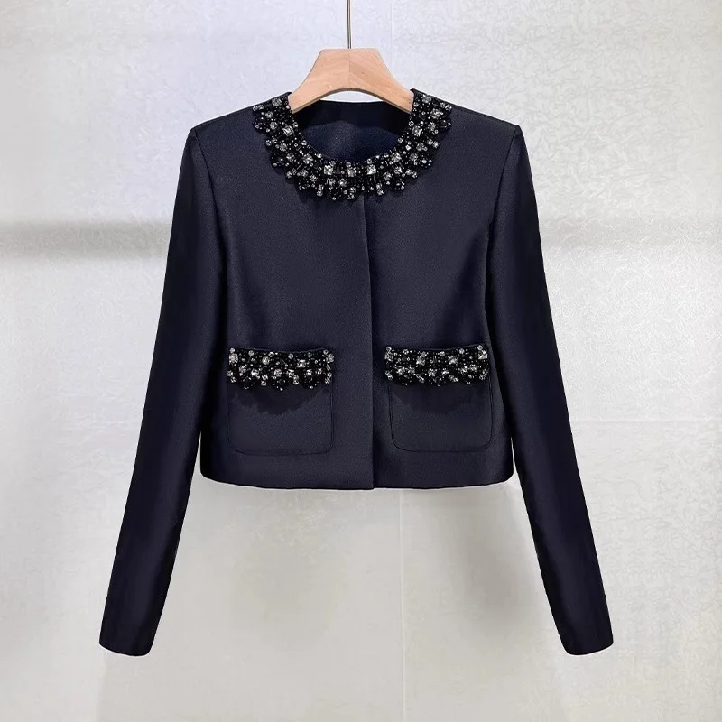 Manteau court épais à col rond pour femme, clouté de diamants, y2k, haute qualité, mode, veste droite de rue, nouvelle collection automne 2025