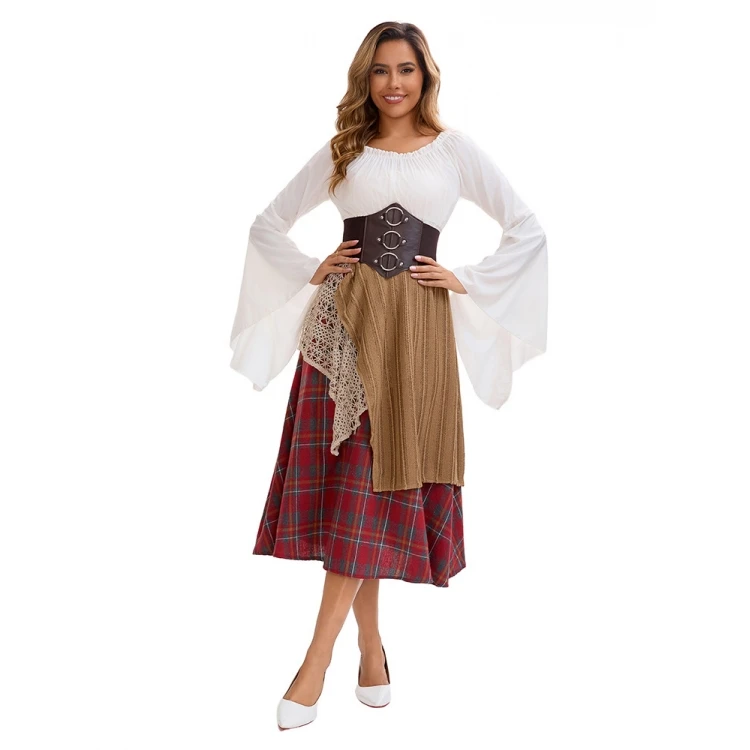 Retro Artistic Irregular Plaid Long Skirt loween Performance Women's Costume Asymmetrical Design Split f-length Skirt