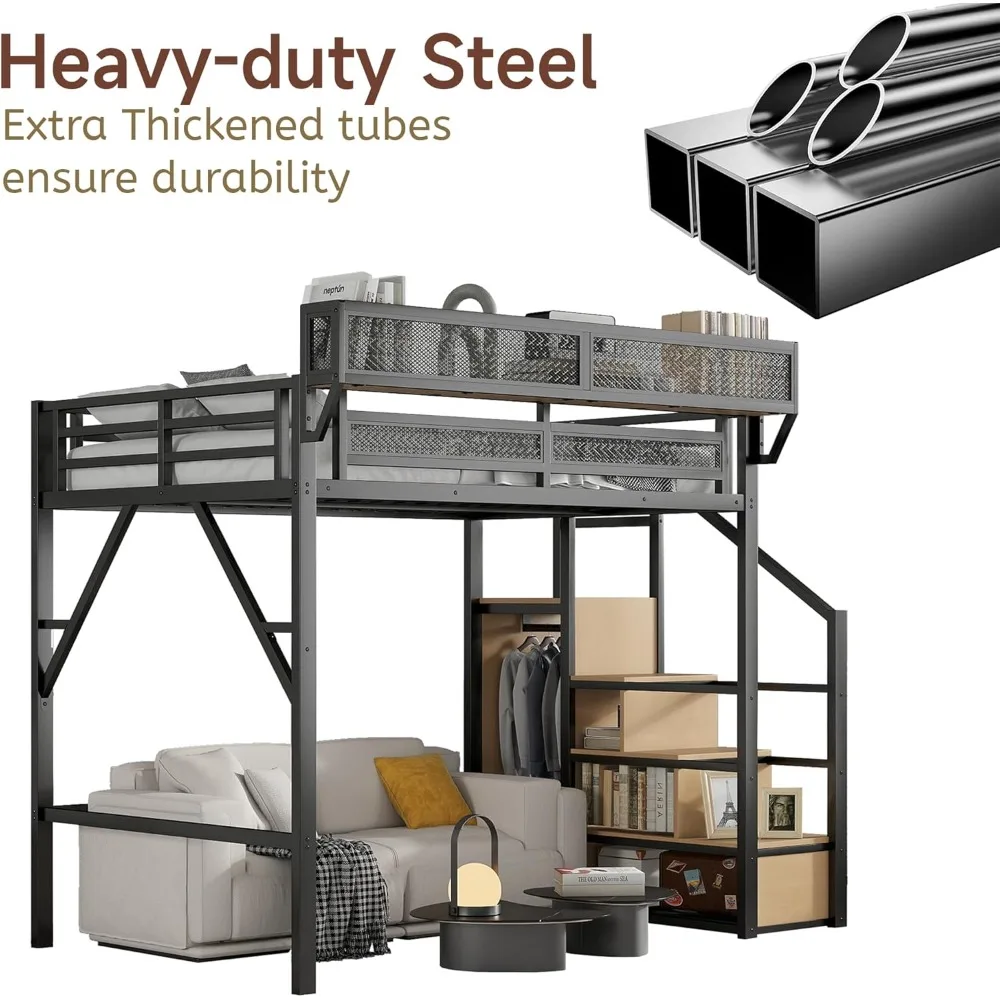 Letto a soppalco full size con scale e contenitori, struttura letto a soppalco in metallo con ripiano sul comodino e ampio spazio sotto il letto, letto resistente per