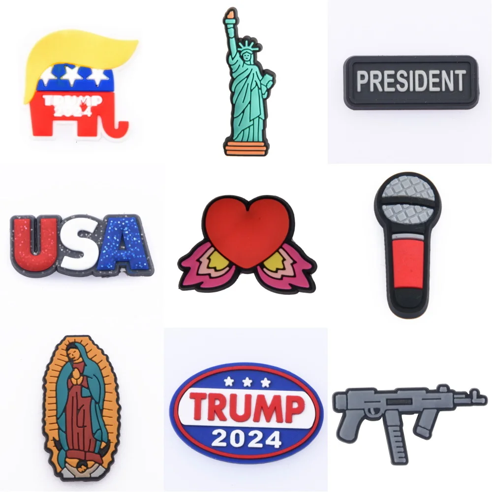 Hot Sale 2024 American Cartoon Trump Shoe Charms USA President Election Shoe Decoration Gun Rifle Lady Liberty Jesus Clog Charms