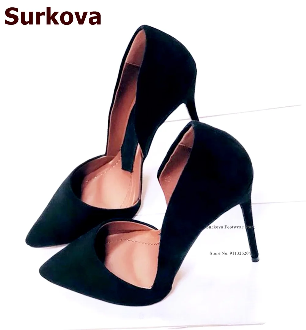 Surkova 12cm Thin High Heel Black Shallow Pumps Pointy Toe Slip-on Irregular Cut Designer Dress Shoes Size45 Wedding Shoes