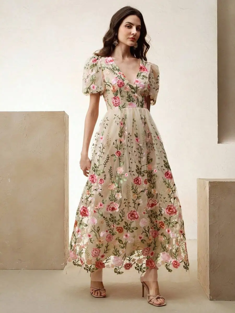 

V-Neck A-Line Midi Dress With Puffed Sleeves And Full Floral Embroidery For Summer, Valentine’s Day, Holiday Occasions