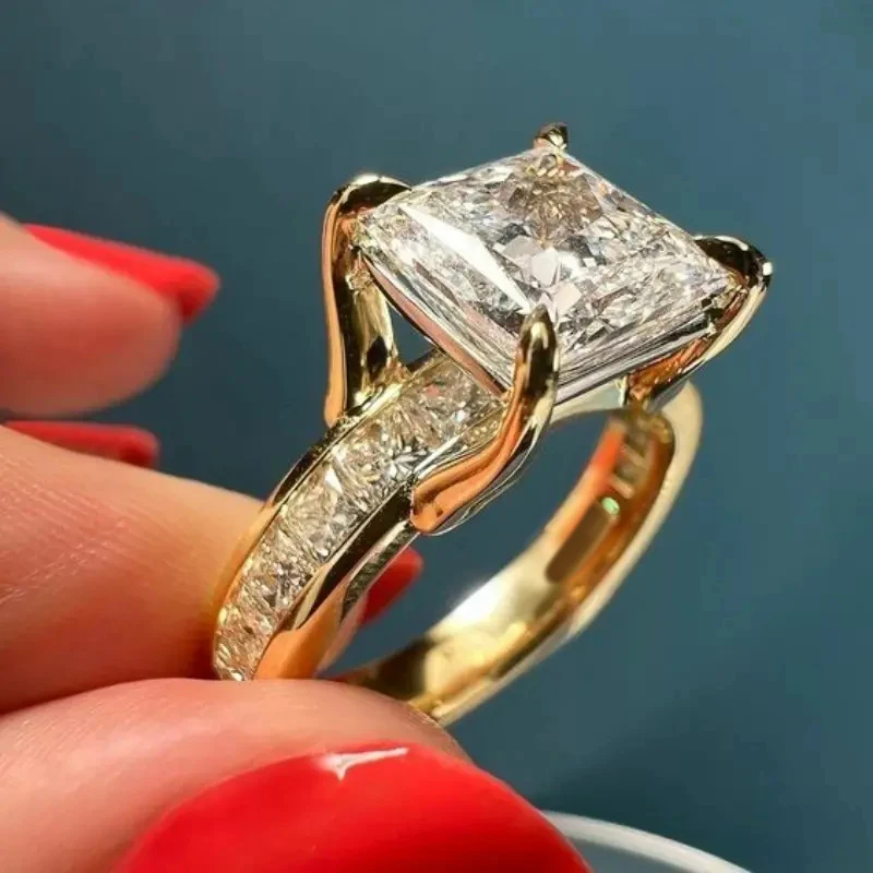 Huitan Princess Square CZ Finger Ring Female Luxury Wedding Band Accessories Gorgeous Gold Color Engagement Accessories Jewelry
