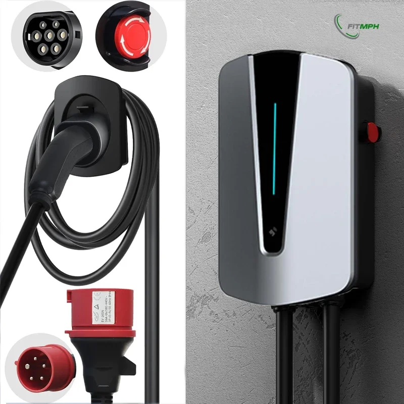 FITMPH 22kW Wall-Mount EV Charging Station for Type 2 Vehicles, IEC 62196-2 Connector, 32A with LED Indicator