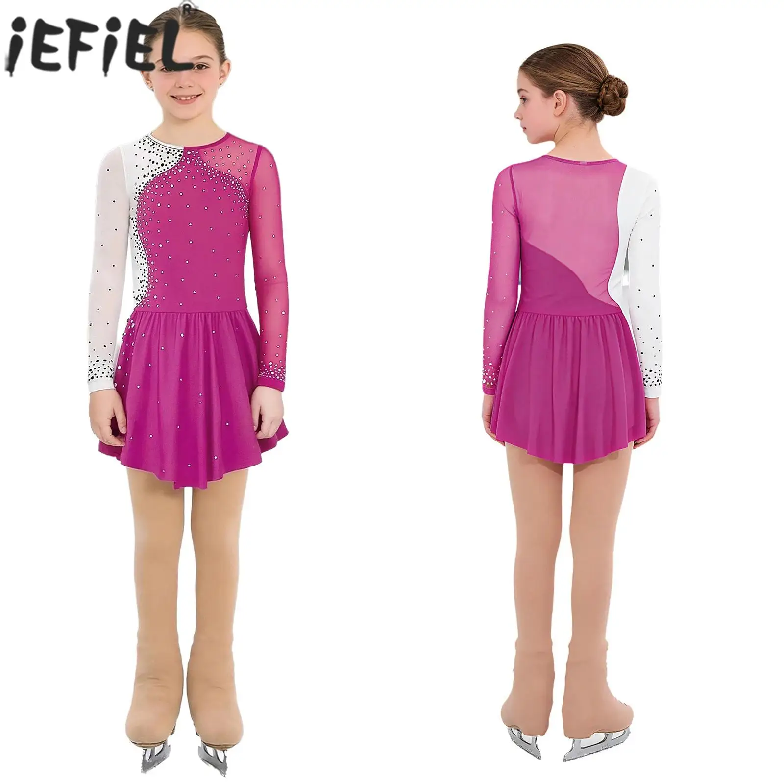 

Kids Girls Figure Skating Costume Shiny Rhinestone Mesh Gymnastics Acrobatics Ballet Dance Leotard Dress with Buckles Pantyhose