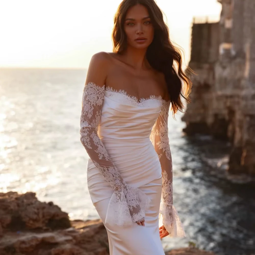 Aangepaste sierlijke trouwjurk voor vrouw bruid satijn zeemeermin lange trouwjurk charmante kant off-shoulder bruidsjurk