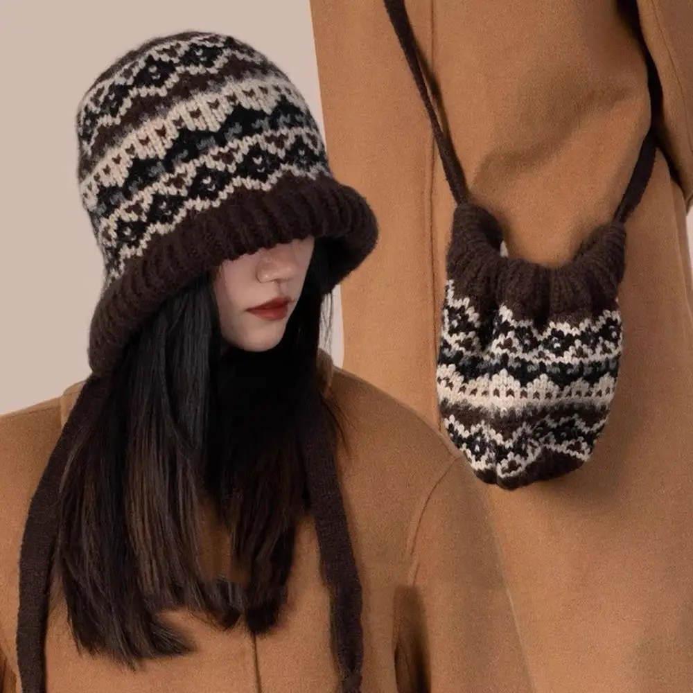 Ethnic Style Striped Spliced Hat Winter Warm Hat Elastic Knitted Cap Earflaps Women Strap Hats Shoulder Bag Ear Protection