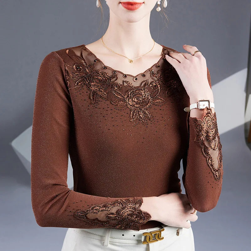 

2025 Autumn Embroidered Diamond Shirt European Style Women's Mesh Top Long Sleeve Bright Silk T Shirt
