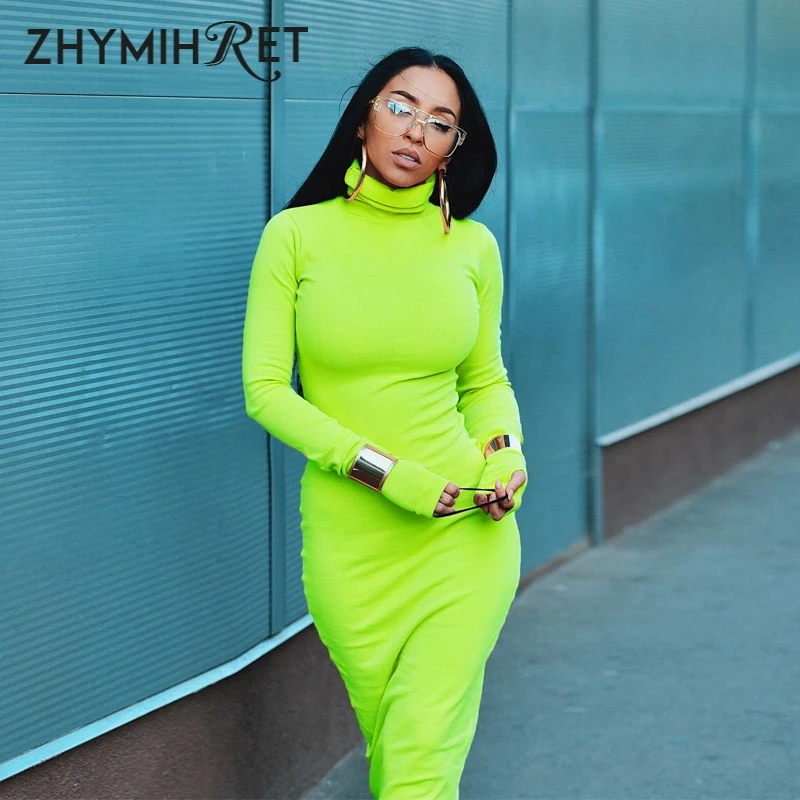 ZHYMIHRE Autumn Winter Turtleneck Neon Color Long Dress Women Long Sleeve Maxi Vestidos Fluorescence Sexy Party Dress Robe Femme