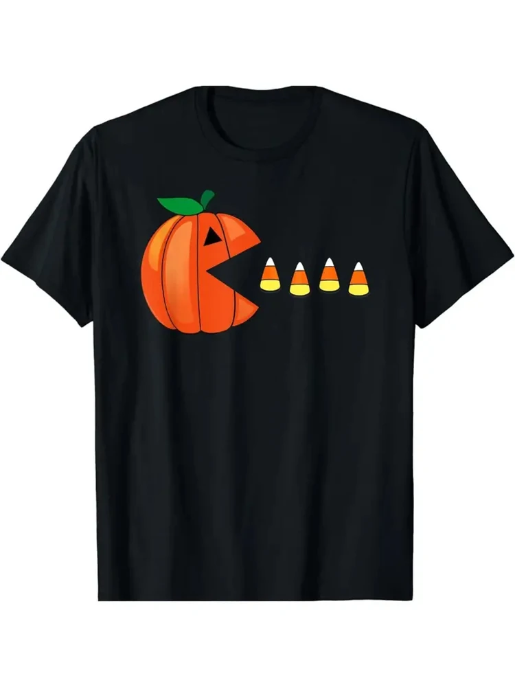 Halloween Pumpkin Eating Candy Corn Gift Idea Short Sleeve Tee Cotton Summer Fashion T-Shirt Summer Casual Comfy Breathable Top