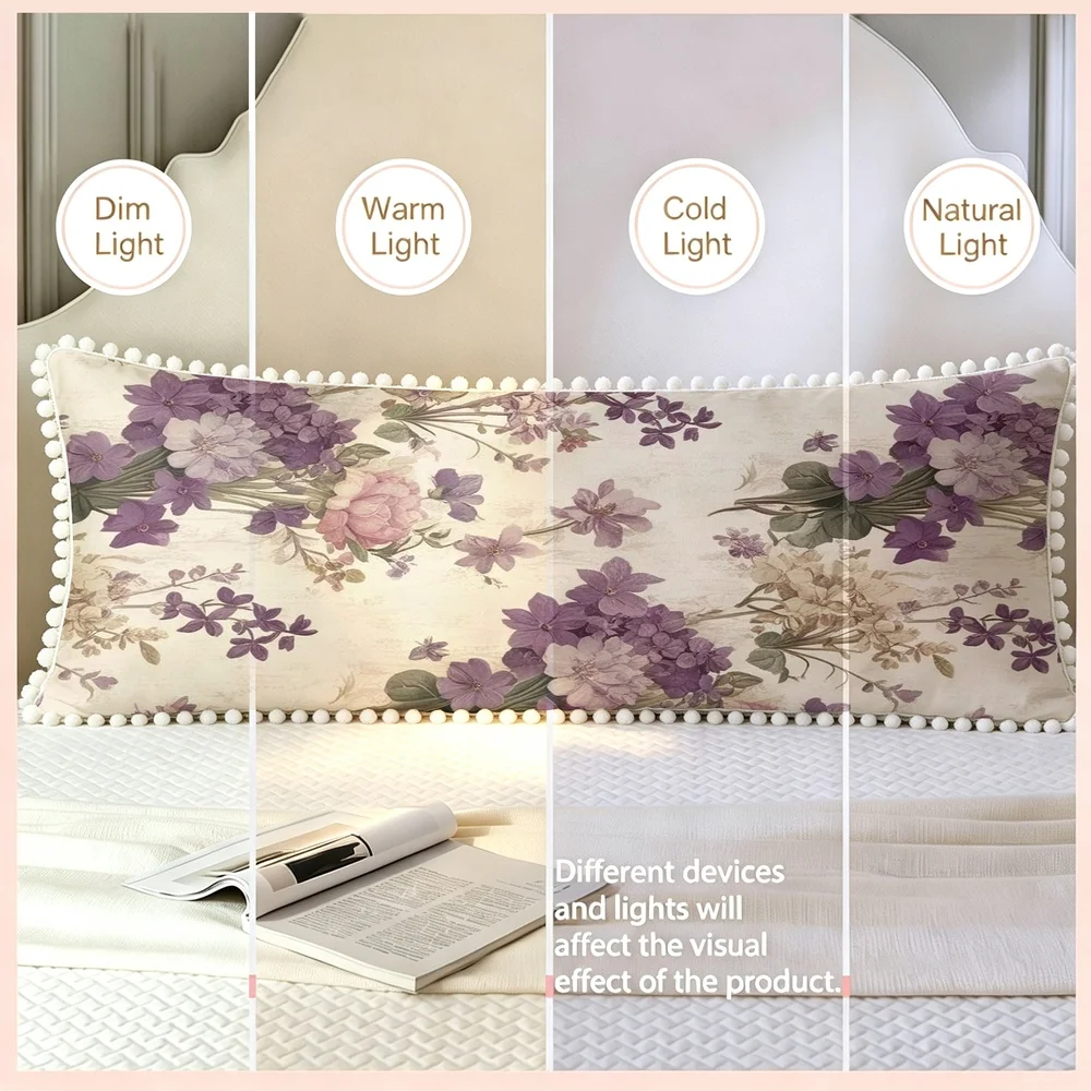 1PC Cream Background with Purple Pink Bouquet and Green Leaves, Watercolor Romantic Floral Long Pillow Cover with Pom Pom Trim