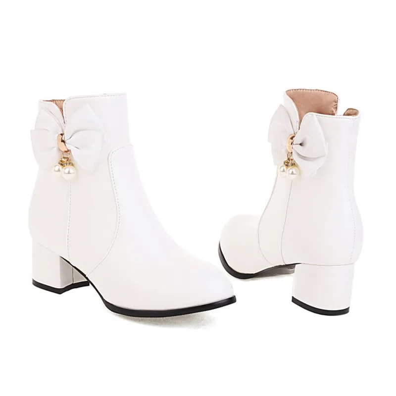 Bottes de rinçage à nœud doux pour filles, chaussures Lolita pour femmes, Parker rond, talons hauts, fermeture éclair, chaussures optiques, mode, automne, hiver, 32-43