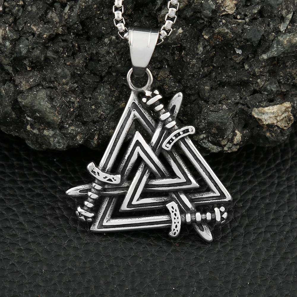 New Vintage Vikings Odin Triangle Pendant Necklace Mens Stainless Steel Fashion Sword Valknut Necklaces Nordic Jewelry Wholesale