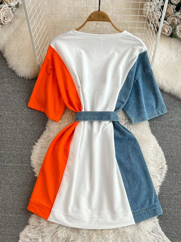 Denim Print Patchwork T-shirt Skirt for Women's 2024 Summer New Round Neck Waist Slimming A-line Dress