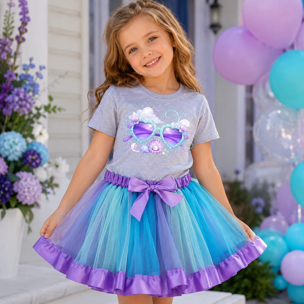 2-teiliges Sommer-Meerjungfrauen-Outfit-Set für Mädchen, Herz-Sonnenbrille, kurzärmliges T-Shirt mit Muscheldruck + flauschiges Tüll-Tutu mit lila-blauem Farbverlauf
