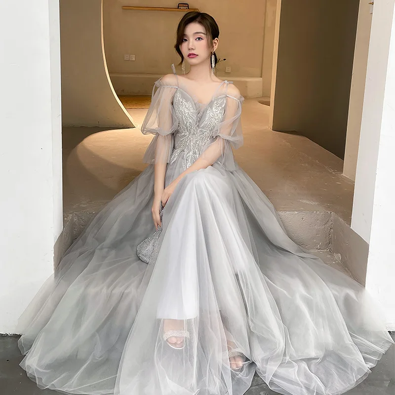 4 Styles Grey Embroidery Bridesmaid Dress 2023 New Women's A-line Off Shoulder Strapping Gown Tulle Sisters Group Prom Vestido