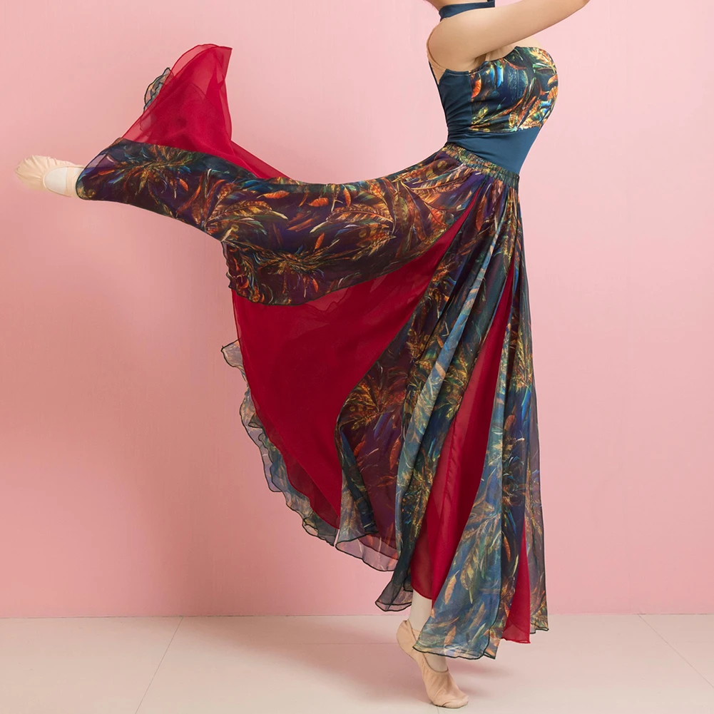 Vrouwen Buikdans Rok Buikdans Kostuum Flowy 360 Graden Rok Gedrukt Buikdans Rokken Volwassen Chiffon Bellydance Rok