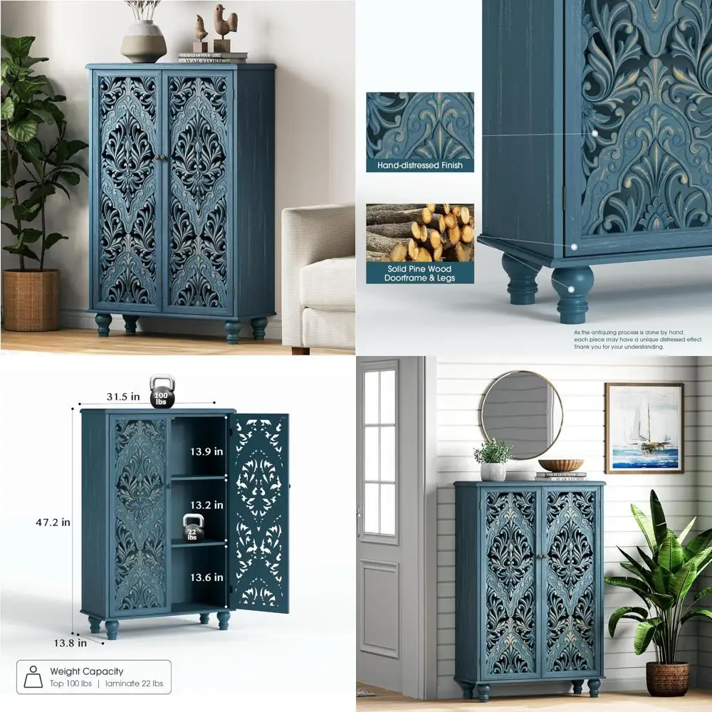 خزانة ذات أرجل من الخشب الصلب مقاس 47 بوصة باللون الأزرق مع أبواب لتخزين المعيشة والدخول والطعام وغرفة النوم
