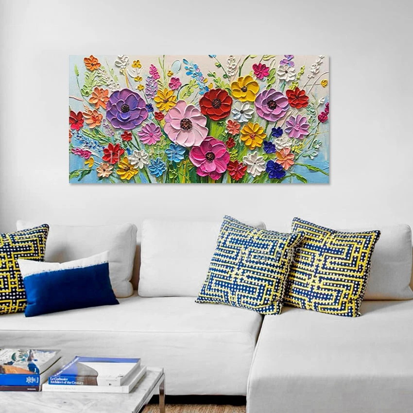 Canvas Abstract Palette Knife Painting, Thick Acrylic Texture Wall Picture Decor, Unframed Colorful Flowers Art, Hand Drawing