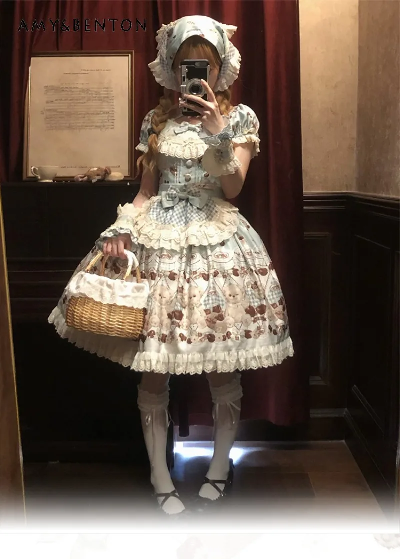 Urocza sukienka Lolita z nadrukiem, w stylu słodkiej dziewczyny, księżniczki, na co dzień, oryginalna, urocza, z kokardą, bufiastymi rękawami, wiązana na szyi, dopasowana mini sukienka, sukienki wieczorowe.