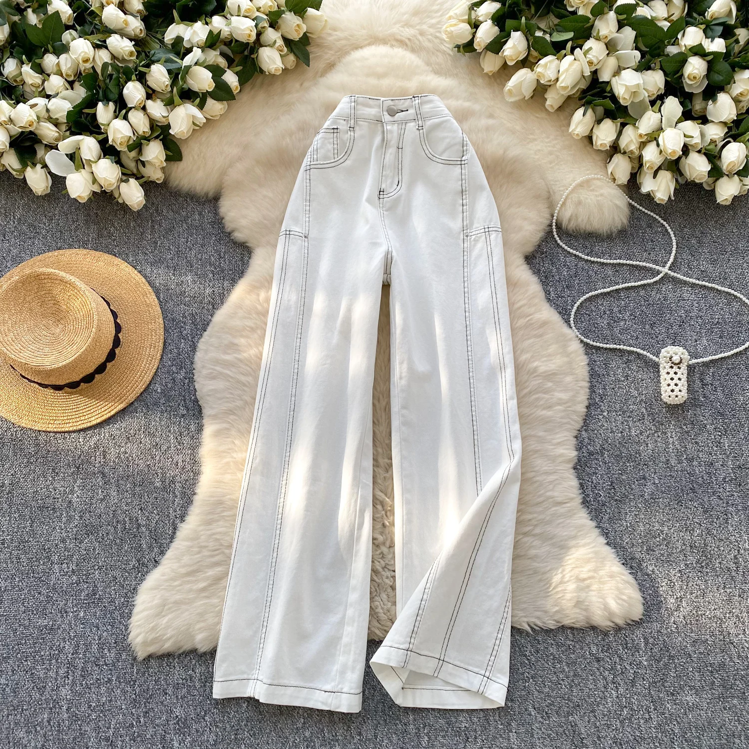 

White Color Women Baggy Jeans 2025 New Spring Summer High Waist Wide Leg Pants Loose Casual Female Denim Trousers