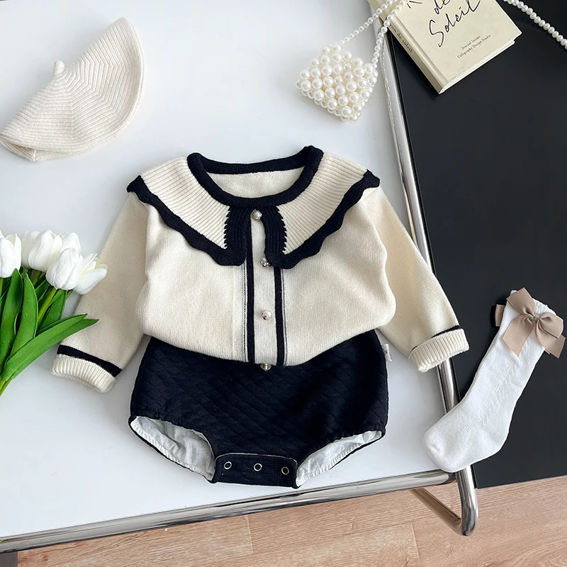 Spring And Autumn Newborn Baby Girls Baby Bodysuits Long-sleeved O-neck Cute Two Piece Set Cotton Korean Fashion Soft Casual