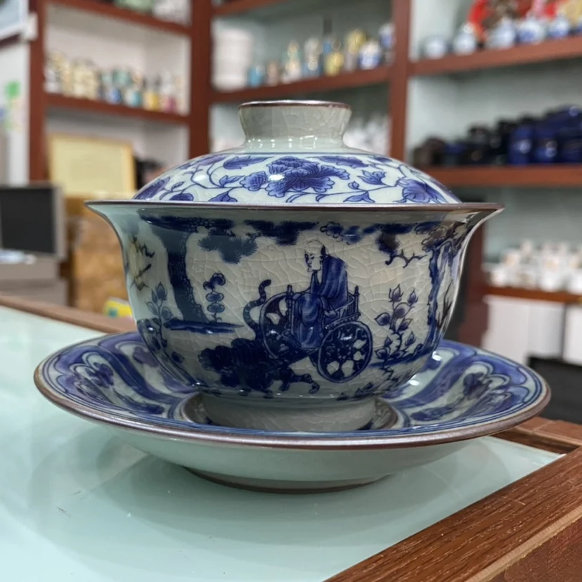 Handmade Jingdezhen Old Clay Gracked Glaze Gaiwan Tea Set in-Glaze Ghost Valley down the Mountain Ceramic Cup Making Device