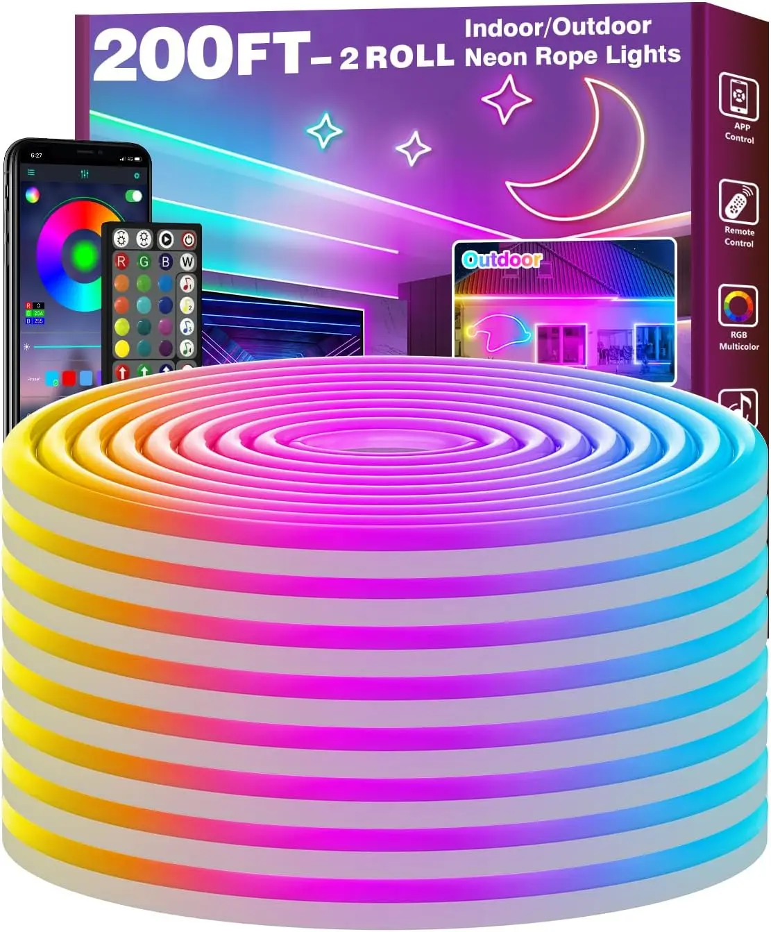 

200Ft App/Remote Controlled RGB LED Rope Lights, IP65 Waterproof, Music Sync for Gaming and Bedroom Decor