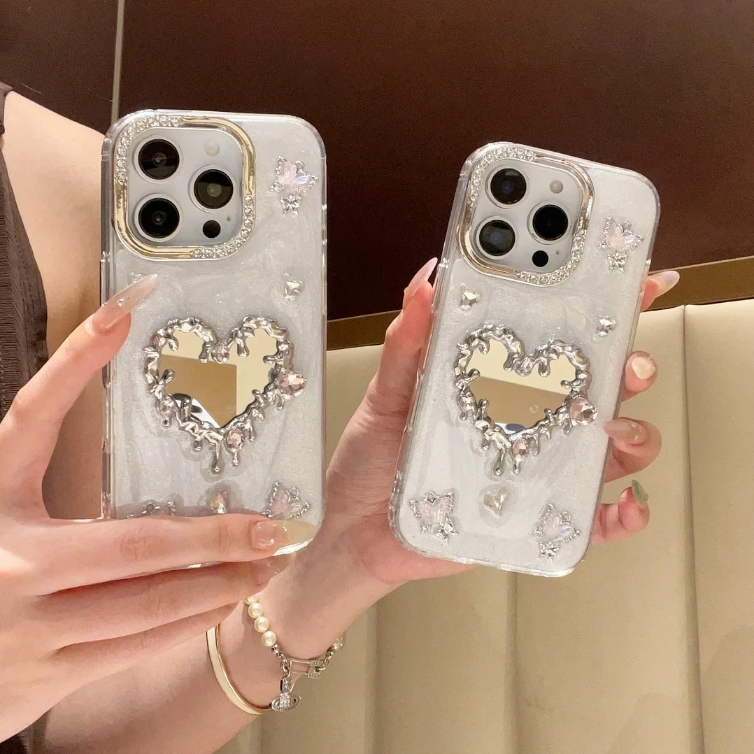 

New Silver Diamond Frame 3D Pink Butterfly Rhinestone Heart-shaped Mirror Case For iPhone 16 15 14 13 Pro Max Plus Makeup Cover
