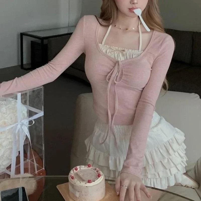 

Spring and Autumn Fresh Sweet Fake Two Piece Spliced Long Sleeved Top High Waist Solid Color Pleated Short Skirt Women's Set