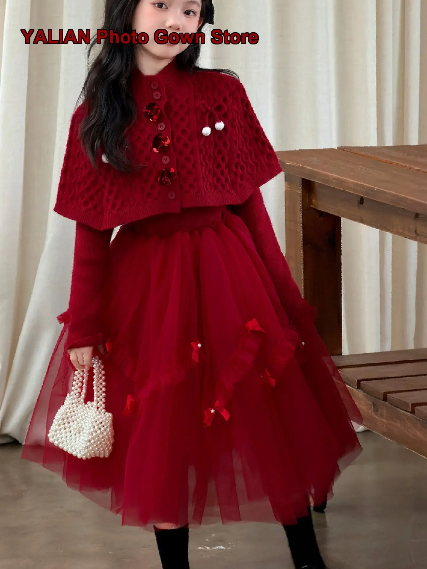 Girls Gauze Dress Set Winter Girl Kids Thickened New Year Outfit Mesh