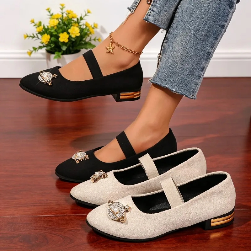 2026 New Low Heel Square Heel Elastic Band Single Strap Velvet Surface Water Diamond Butterfly Knot Slip-On Shoes for Women