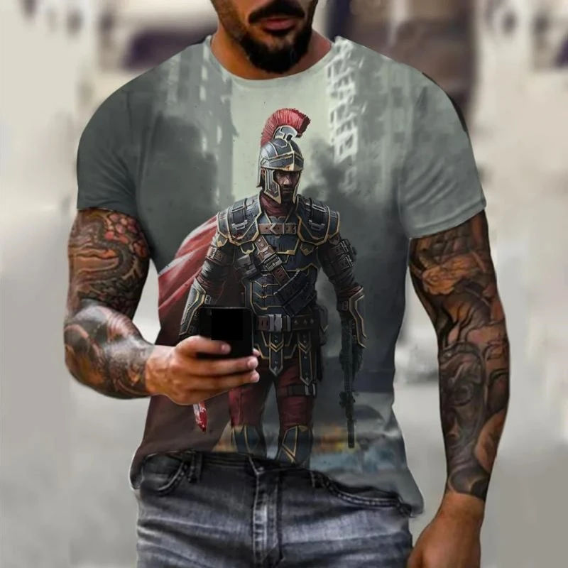 Vintage Men's T-Shirt 3d Armor Display Graphic Short Sleeve Printed Tee Outdoor Streetwear O-Neck T-Shirt Oversized Men Clothing