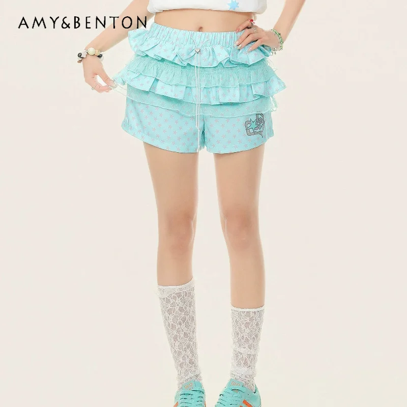 

Star Printing Lace Splicing Ruffle Edge Women's Cake Shorts 2026 New Design Sweet Cute Versatile Age-reducing Hot Pants Ladies